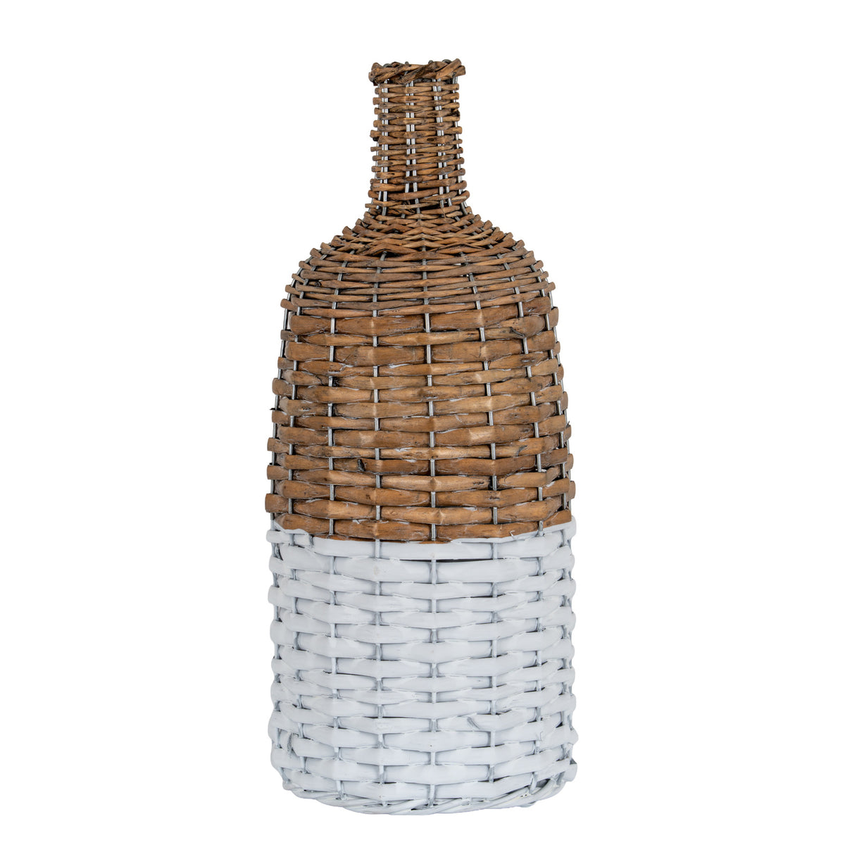 Woven bottle-shaped vase with a narrow brown neck, rounded brown shoulders and a white lower body, shown against a white background.