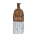 Tall woven bottle vase with a narrow brown neck, rounded brown shoulders and a white lower section, shown against a white background.