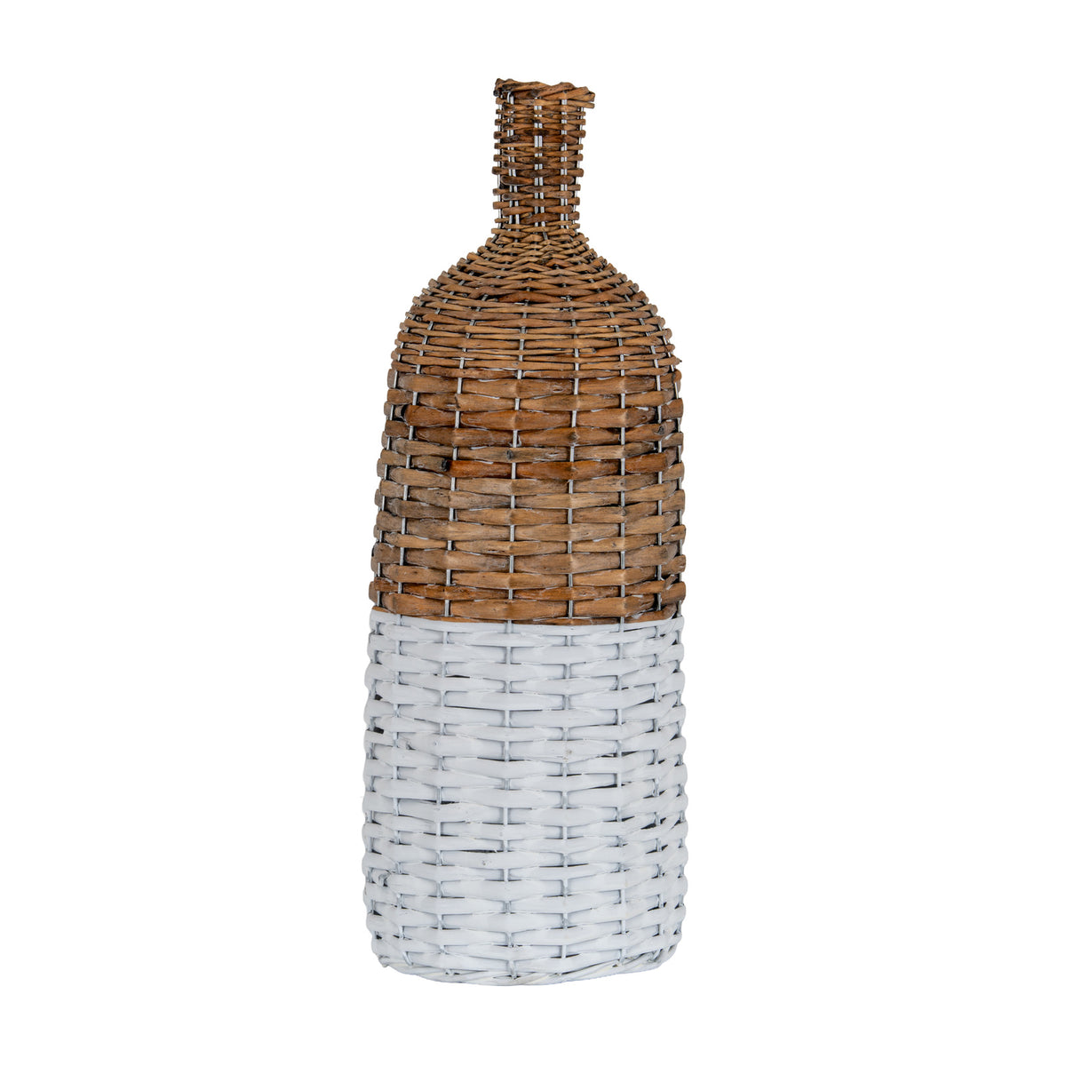 Tall woven bottle vase with a narrow brown neck, rounded brown shoulders and a white lower section, shown against a white background.