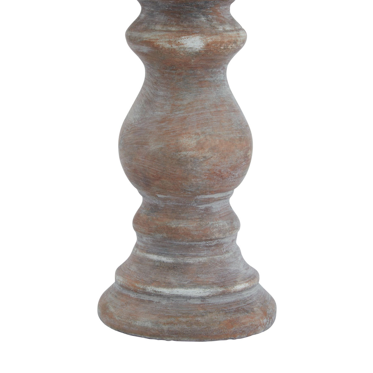 Close view of the candle holder's bulbous stem, ring details and stepped circular base with grey-white rubbed streaks.