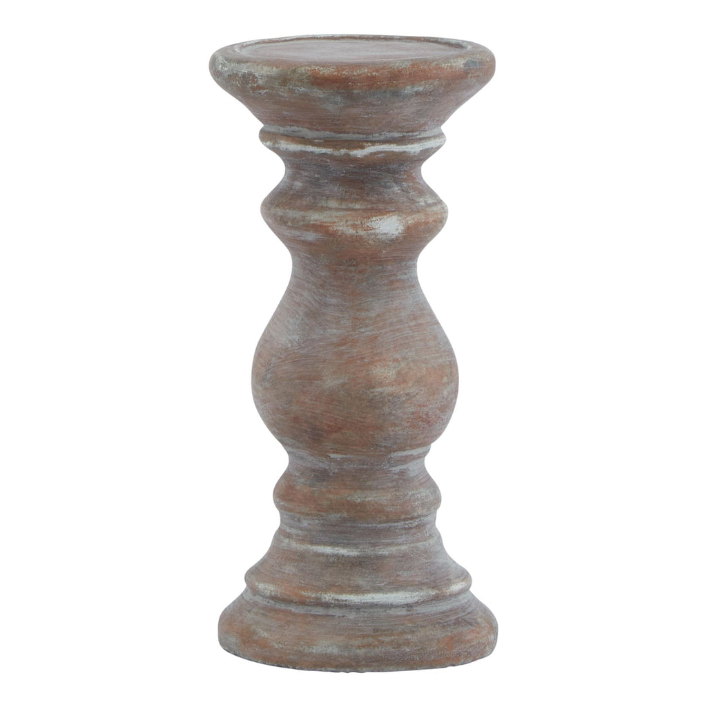 Brown candle holder with a shallow round dish, curved baluster stem and stepped base, covered in pale rubbed markings.