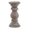 Brown candle holder with a shallow round dish, curved baluster stem and stepped base, covered in pale rubbed markings.