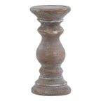 Brown candle holder with a shallow round dish, curved baluster stem and stepped base, covered in pale rubbed markings.
