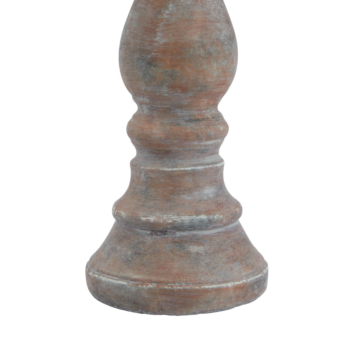 Detail of the candle holder's lower stem and stepped foot, with ring contours and grey-white markings across the brown surface.