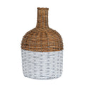 Woven bottle-shaped vase with a narrow brown neck, rounded brown shoulder and broad white lower band against a white background.