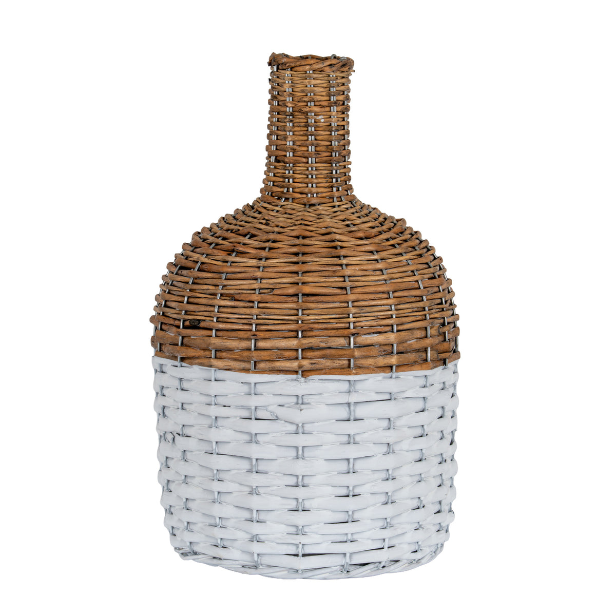 Woven bottle-shaped vase with a narrow brown neck, rounded brown shoulder and broad white lower band against a white background.