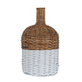 Bottle-shaped wicker vase with a narrow brown neck, rounded brown shoulder and broad white woven lower section on a white background.