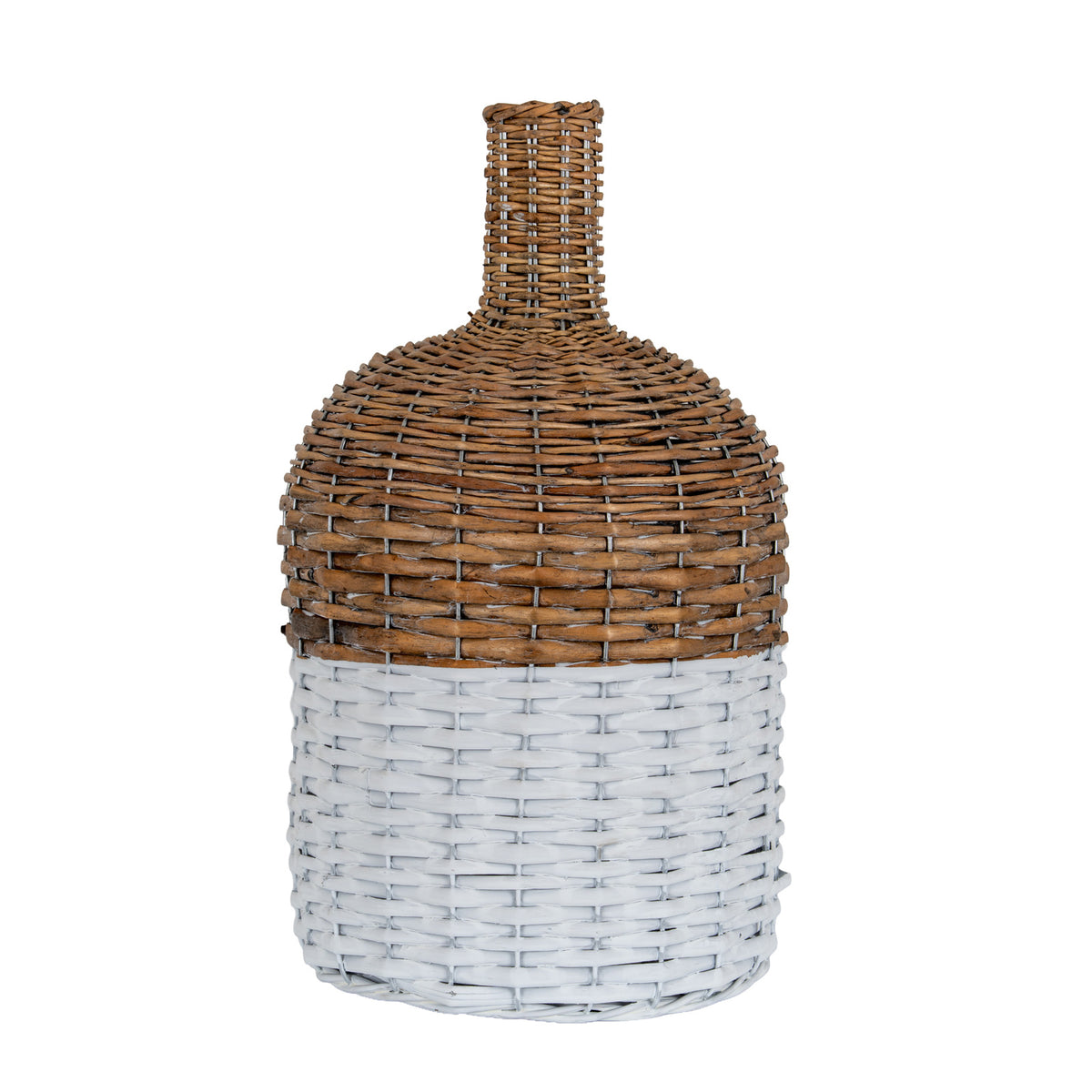 Bottle-shaped wicker vase with a narrow brown neck, rounded brown shoulder and broad white woven lower section on a white background.