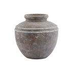 Rounded brown-grey planter with a short rolled neck, twin shoulder bands and pale distressed markings on a white background.