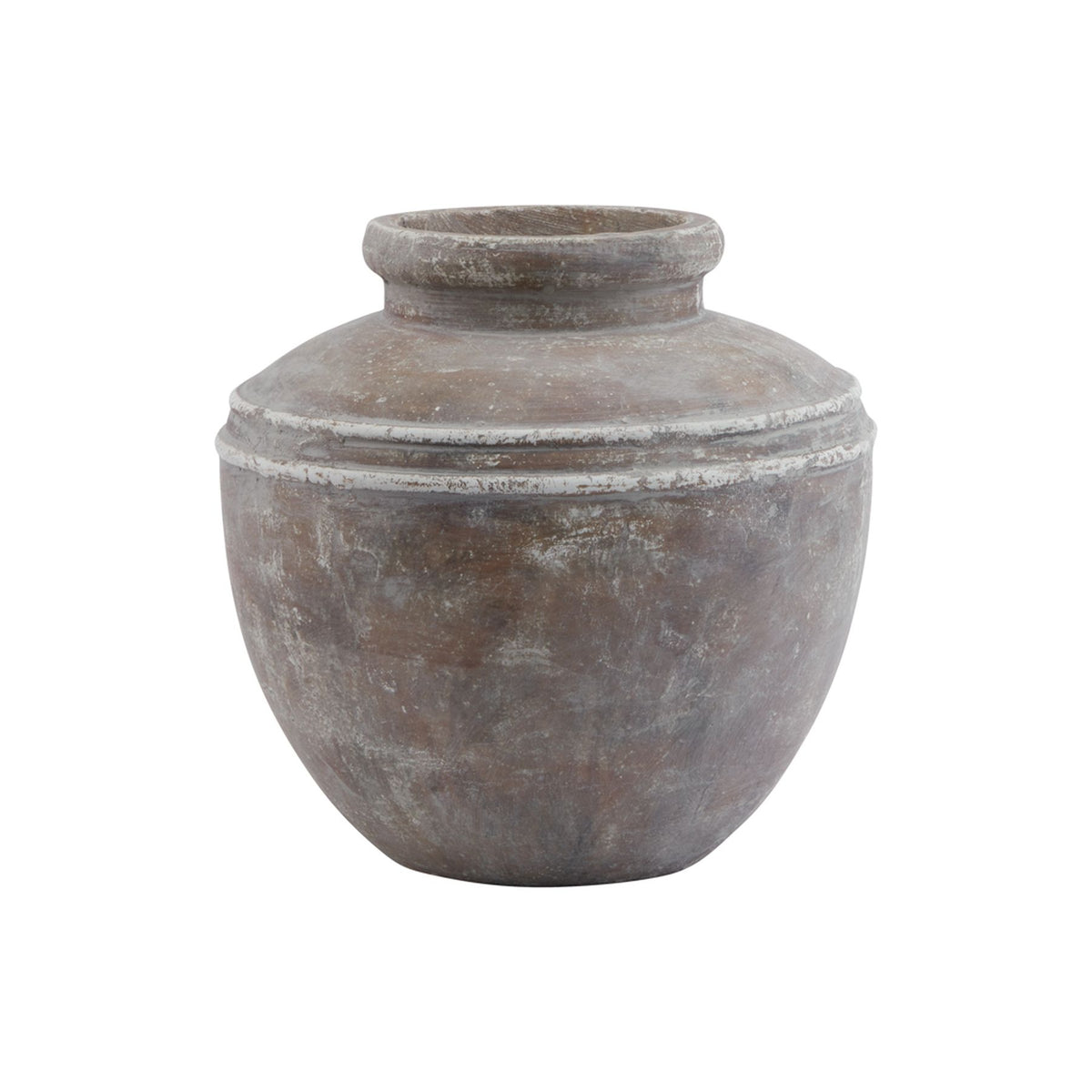 Rounded brown-grey planter with a short rolled neck, twin shoulder bands and pale distressed markings on a white background.