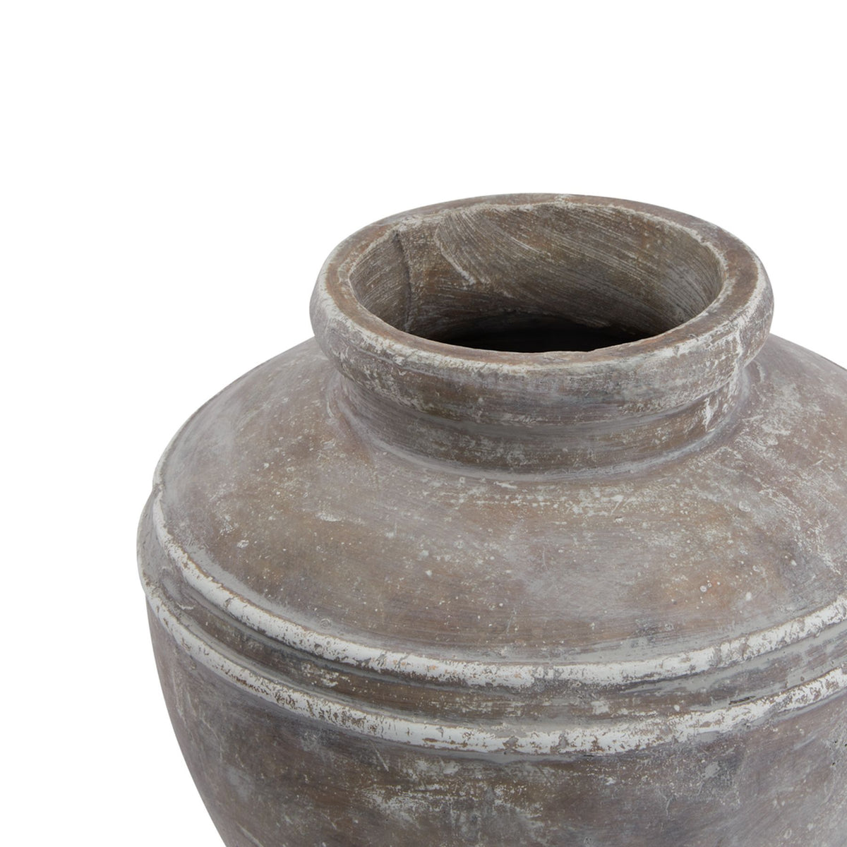 View into the planter's open neck, showing its rounded rim, dark interior and pale markings across the sloping shoulder.