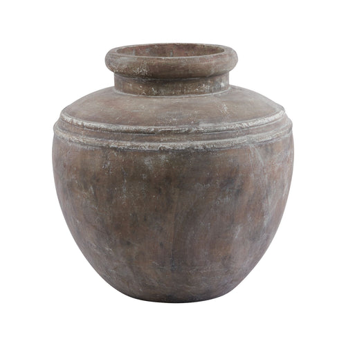 Rounded brown planter with an open thick rim, short neck and two raised shoulder bands on a white background.