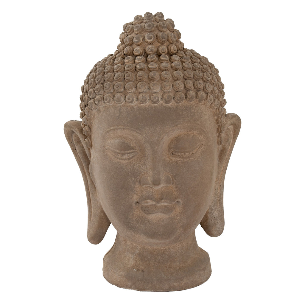 Front view of the brown Buddha head sculpture with closed eyes, softly shaped lips, elongated ears and rows of curls rising to a topknot.