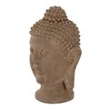 Three-quarter view of a brown Buddha head sculpture showing raised spiral curls, a topknot, one elongated ear and the rounded neck base.