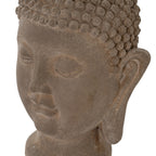 Close-up of the Buddha head's closed eyes, cheek and long ear, showing the mottled brown surface and raised curls along the hairline.
