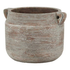 Brown striated vase with rounded sides, a broad open mouth and two small loop handles against a white background.