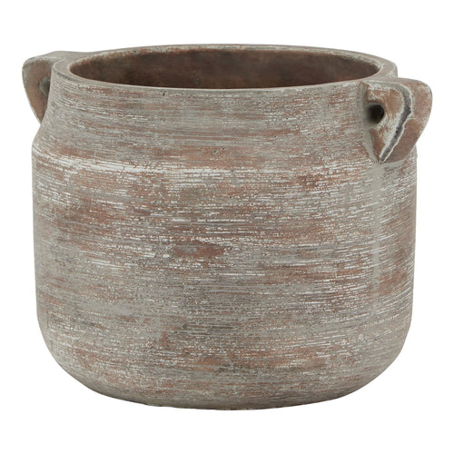 Brown striated vase with rounded sides, a broad open mouth and two small loop handles against a white background.