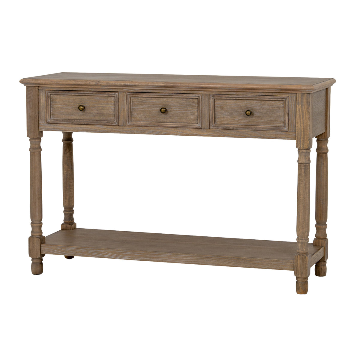 Brown console table on a white background, showing three framed drawers, round pulls, turned-profile legs and a full-width lower shelf.