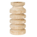 Pale beige vase with an open circular rim, inward-curving neck and stacked rounded ribs, shown against white.