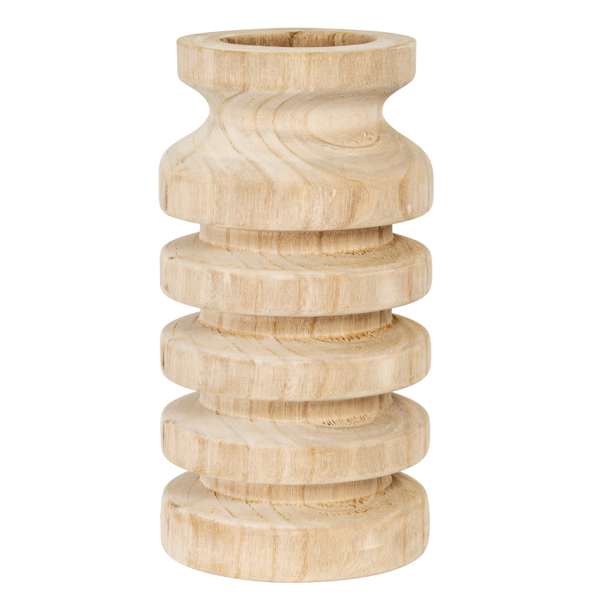 Pale beige vase with an open circular rim, inward-curving neck and stacked rounded ribs, shown against white.