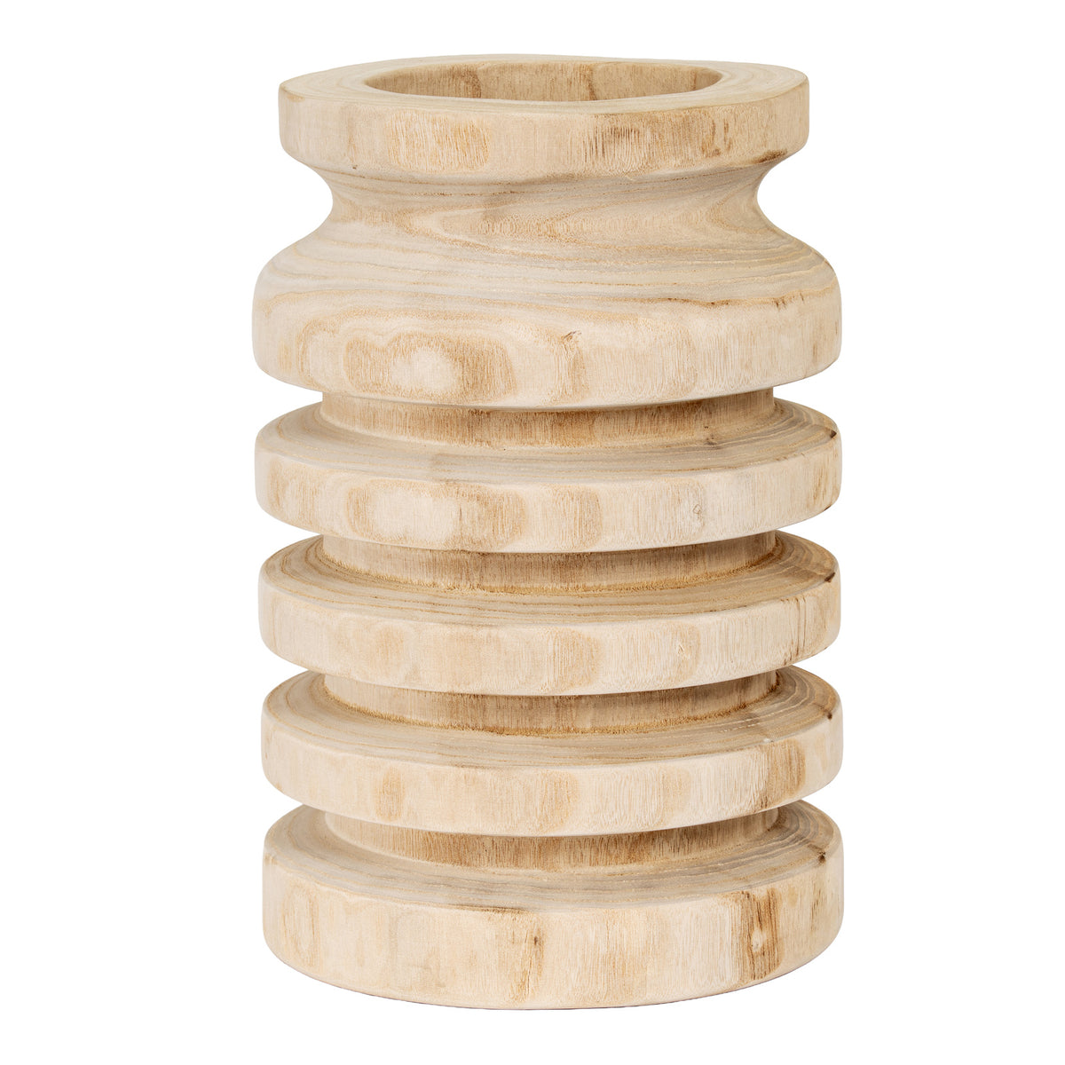 Pale beige vase with brown streaks, broad horizontal ribs, a pinched neck and a thick open rim against white.