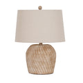 Front view of a table lamp with a rounded brown-and-white basketweave-effect body, short stem, broad cream tapered shade and textured round finial.
