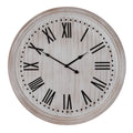 Front view of a round pale whitewashed clock with black Roman numerals, black hands and a dotted minute track inside a layered frame.