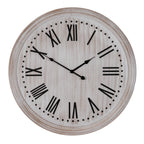 Front view of a round pale whitewashed clock with black Roman numerals, black hands and a dotted minute track inside a layered frame.