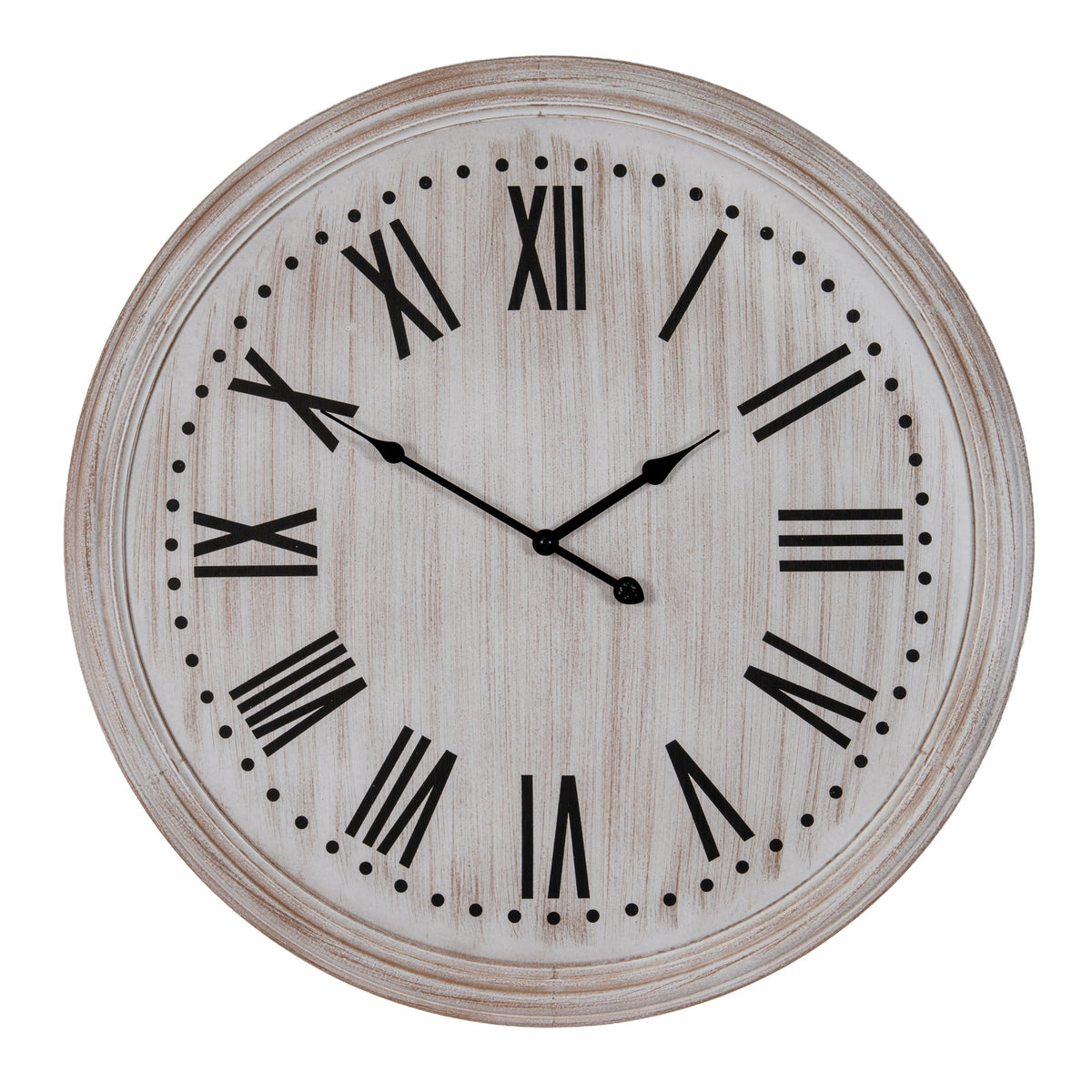 Front view of a round pale whitewashed clock with black Roman numerals, black hands and a dotted minute track inside a layered frame.