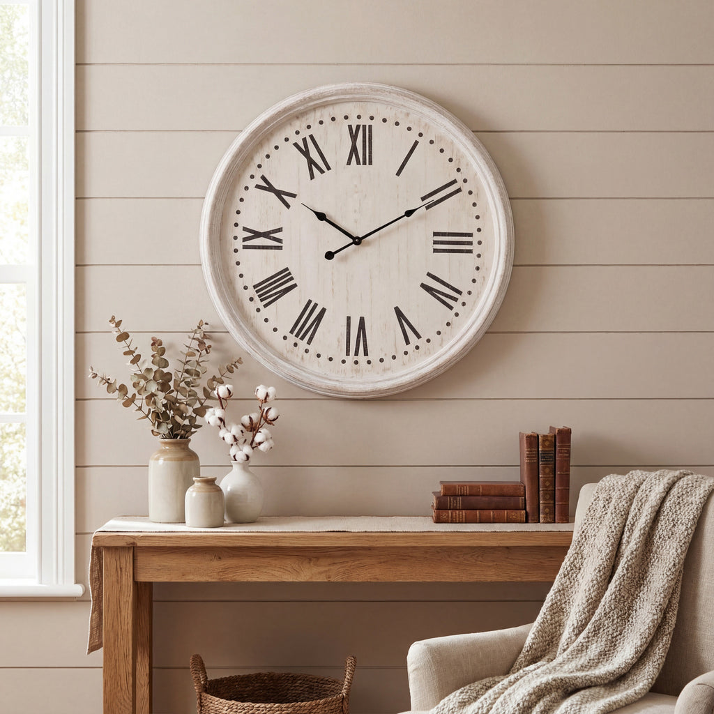 Pale Roman numeral wall clock on a taupe panelled wall above a wooden console with ceramic vases and books, beside a cream armchair.