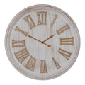 Front view of a round pale wall clock with raised wood-toned Roman numerals, brown hands and a layered whitewashed rim.
