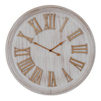 Front view of a round pale wall clock with raised wood-toned Roman numerals, brown hands and a layered whitewashed rim.