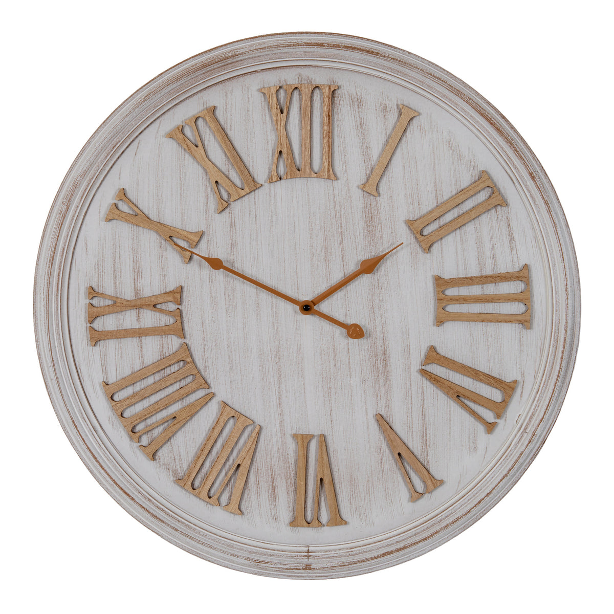 Front view of a round pale wall clock with raised wood-toned Roman numerals, brown hands and a layered whitewashed rim.