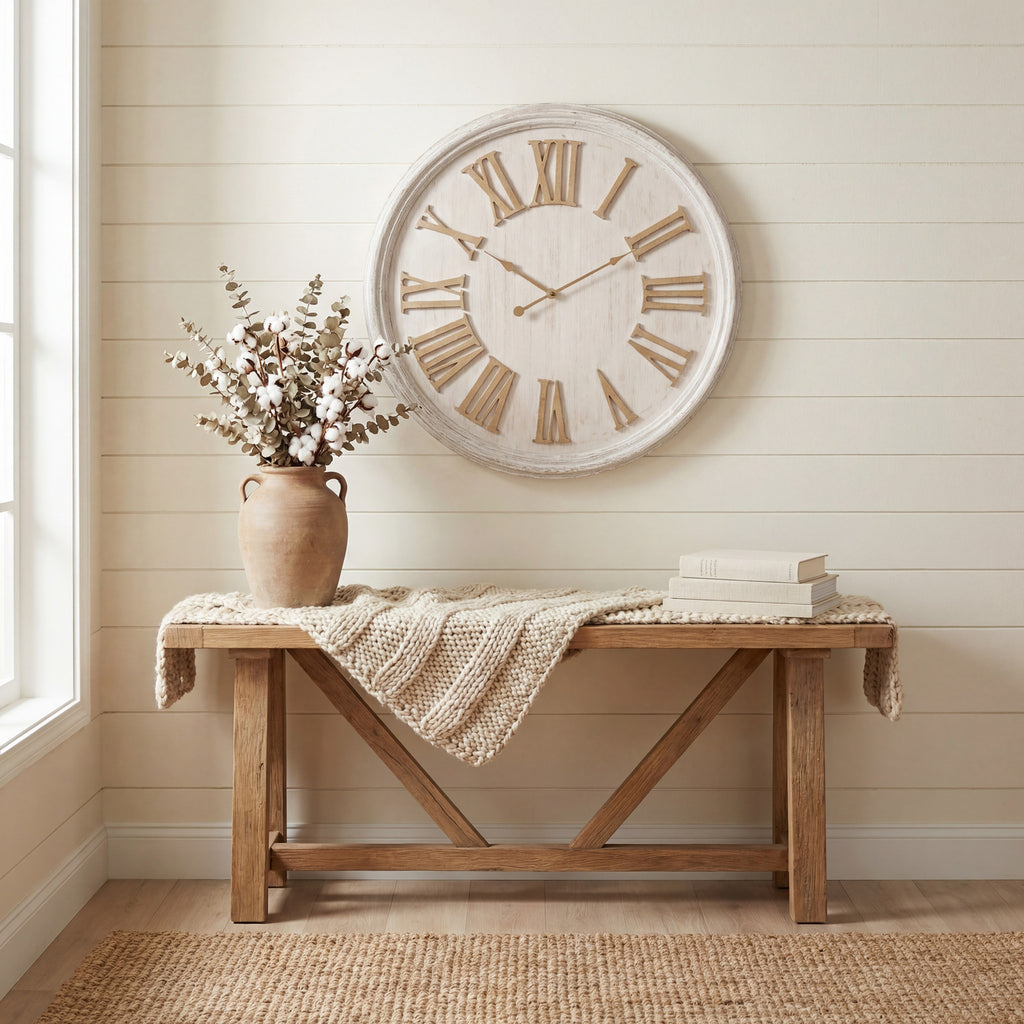 Whitewashed Roman numeral wall clock on a cream panelled wall above a wooden console styled with a knitted throw, books and a vase of stems.