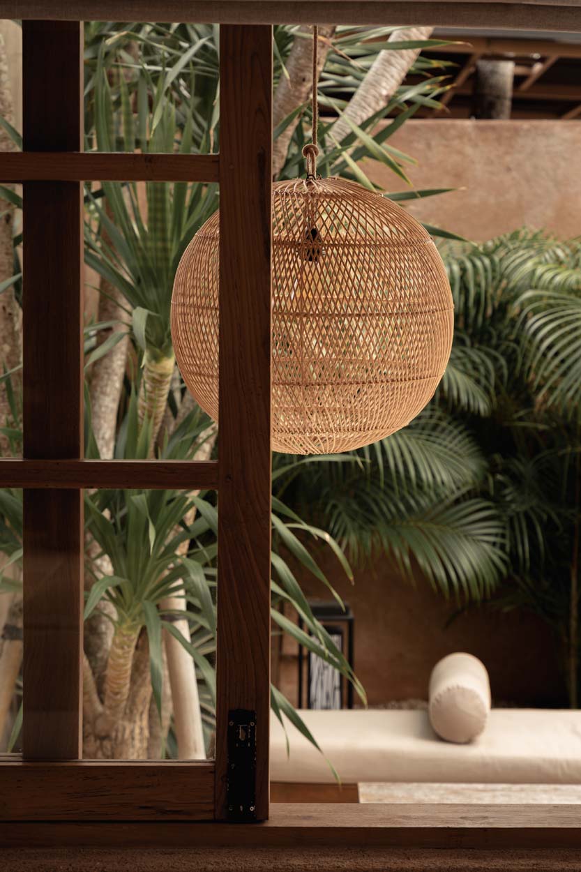 Bubble Rattan Pendant Light – Natural, Medium – styled beside a timber-framed window