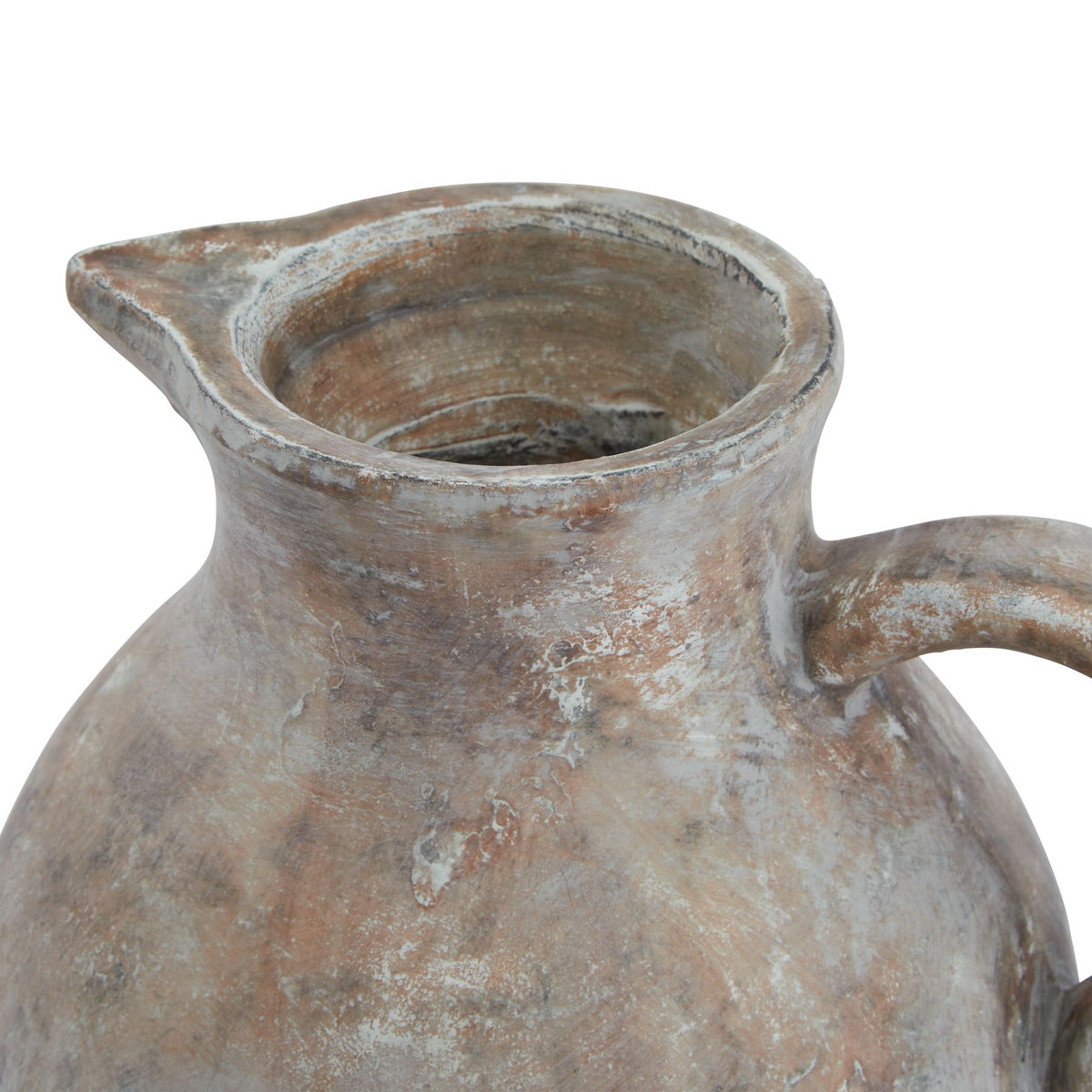 Close view looking into the jug's open neck, showing the projecting spout, mottled rim and upper handle.