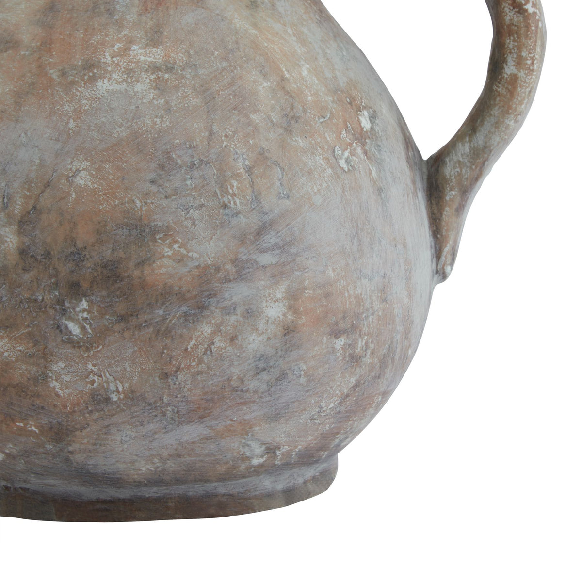 Detail of the jug's rounded lower body and circular foot, with pale streaks across the brown-grey finish and part of the handle at the right.
