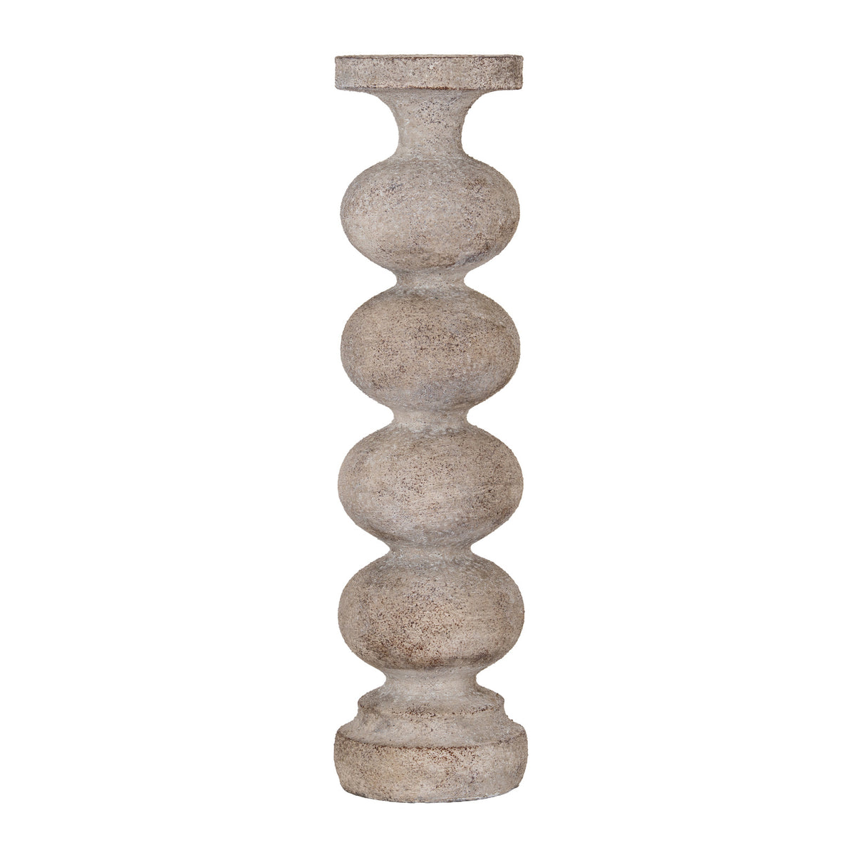 Pale beige-grey candle holder with brown flecks, four rounded sections, a broad top dish and a stepped round base against white.
