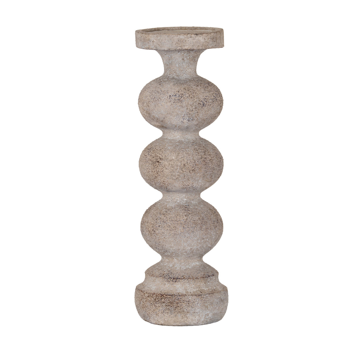 Pale beige candle holder with three rounded sections, narrow connecting waists, a wide raised-edge top dish and a stepped circular base, shown against white.