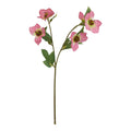 Full view of a branching artificial flower stem with four open pink blooms, burgundy centres and serrated green leaves against white.