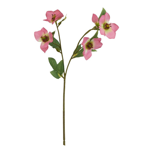 Full view of a branching artificial flower stem with four open pink blooms, burgundy centres and serrated green leaves against white.