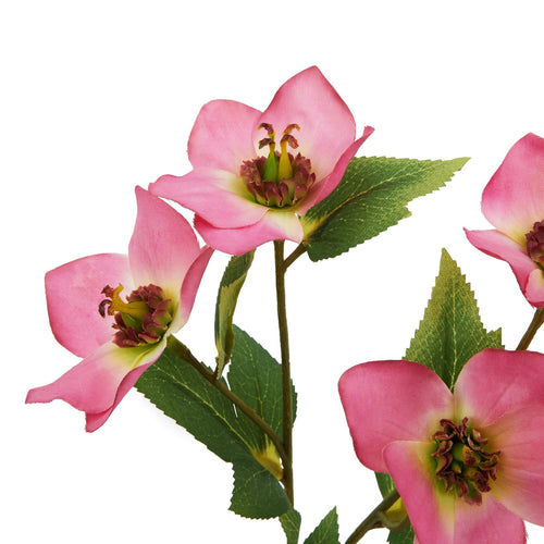 Close-up of pink artificial flowers showing pale yellow-green petal bases, burgundy inner frills, green central projections and veined serrated leaves.