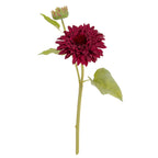 Full view of a burgundy artificial flower stem with a layered bloom, green bud and serrated leaves against white.