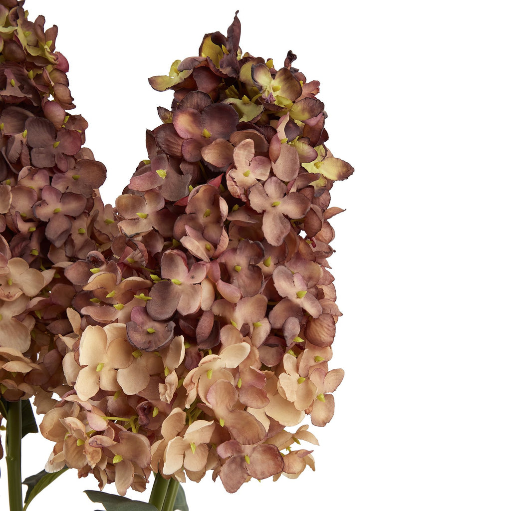 Close-up of clustered burgundy and tan artificial blooms with curled petal edges and small olive-toned centres against white.