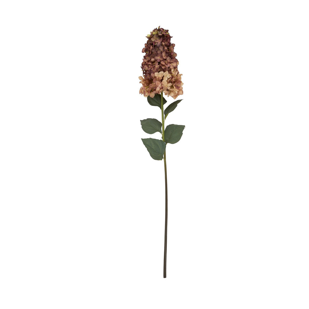 Full view of a burgundy taper artificial flower stem with a long dark stalk, broad green leaves and an elongated flower head against white.