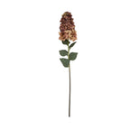 Full view of a burgundy taper artificial flower stem with a long dark stalk, broad green leaves and an elongated flower head against white.