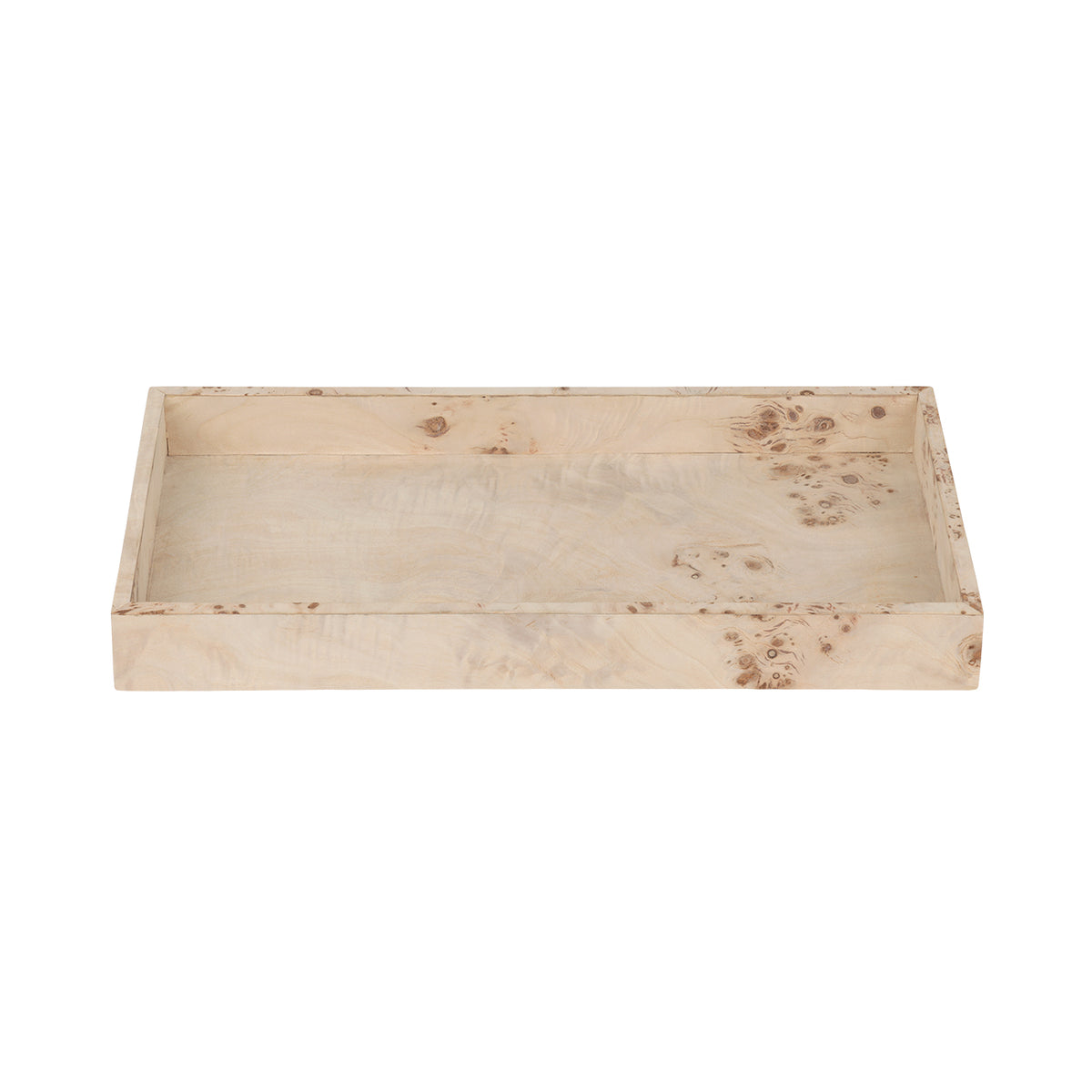 Front view from above of the Burl Tray, showing its open rectangular interior and patterned front edge.