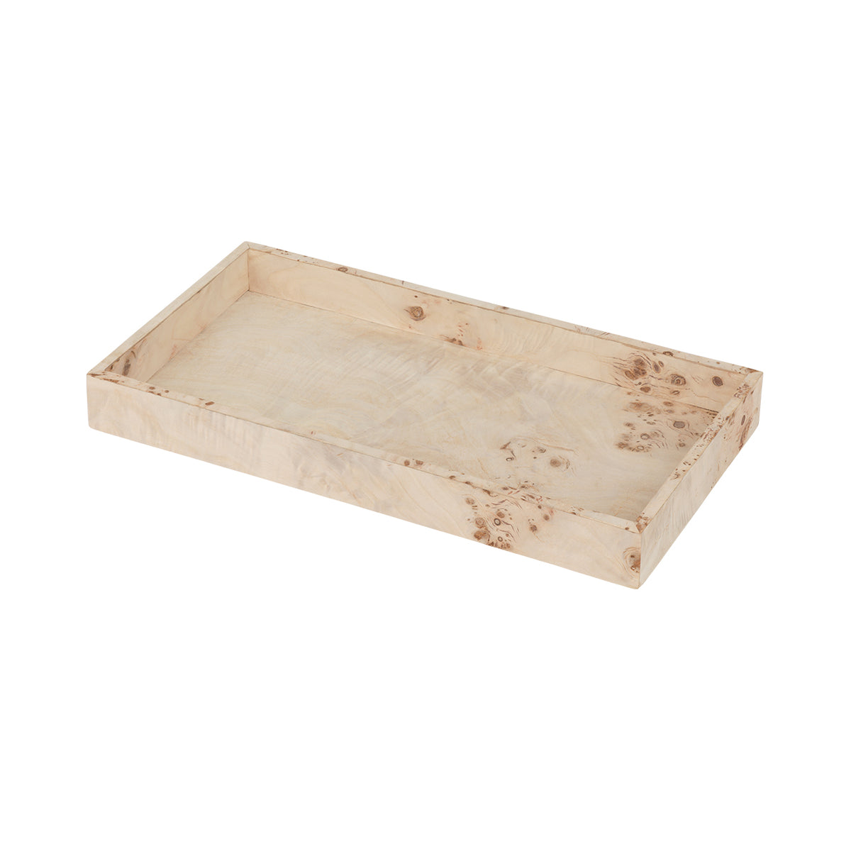 Angled view of the rectangular Burl Tray showing pale wood tones, darker markings and low straight sides.
