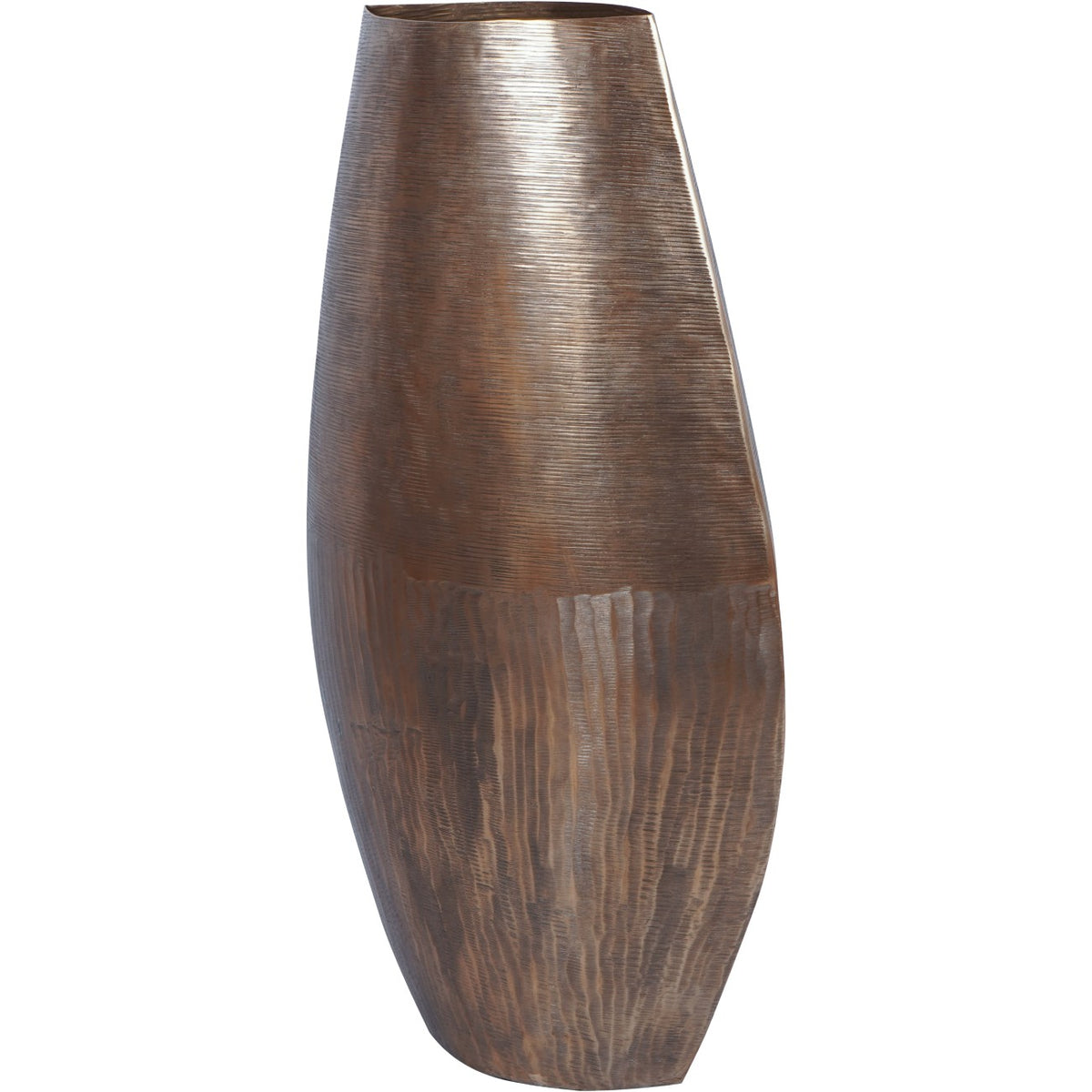 Side view of the vase showing its shallow profile, tapered neck and curved lower body.