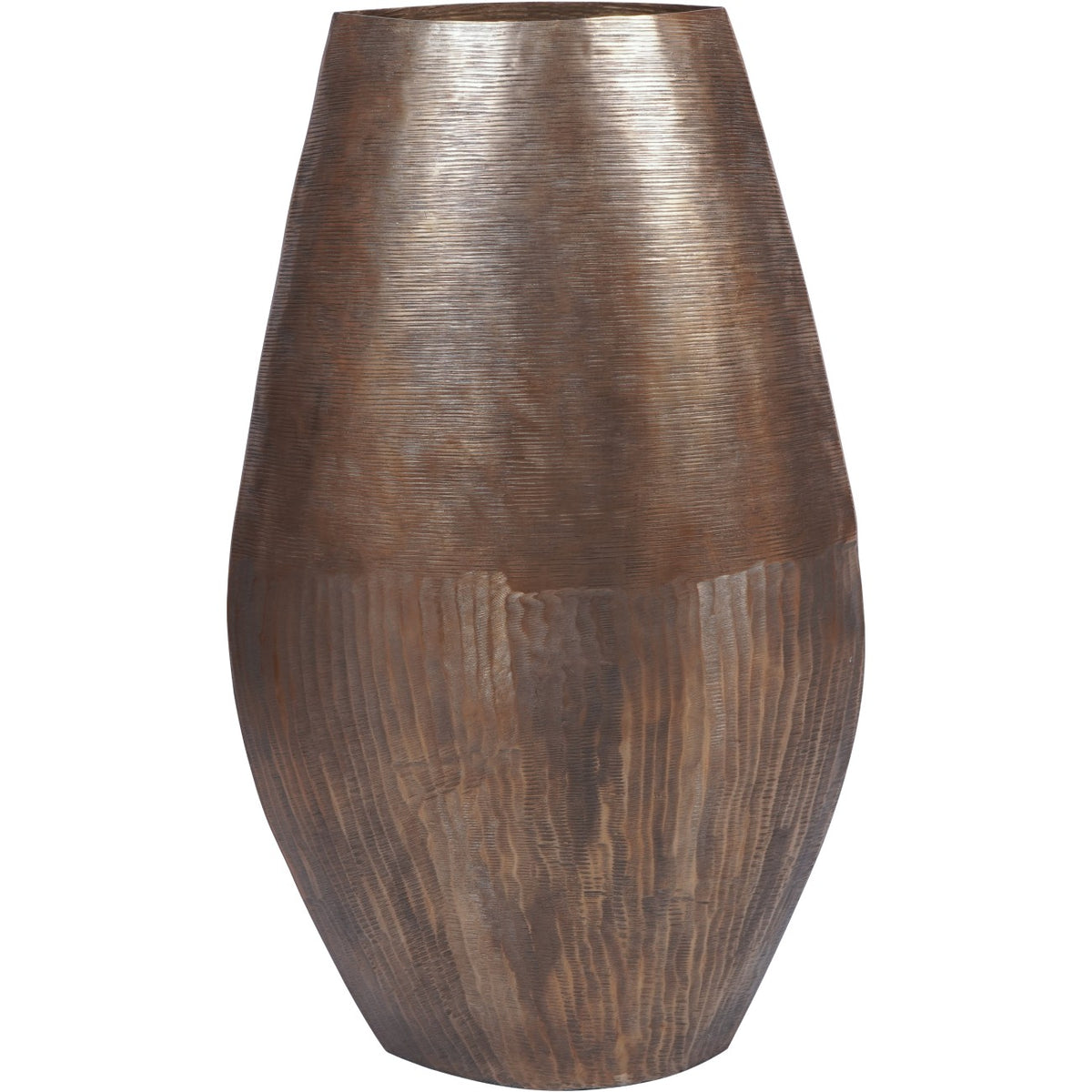Front view of the tall oval vase with an antique brass-coloured finish and two contrasting textured sections.